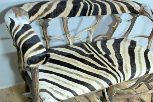 Unique bench made from deer antlers and zebraskin.