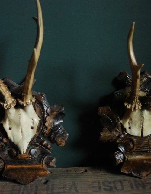 Set of 2 antique deer antlers mounted on exclusive hand carved panels.
