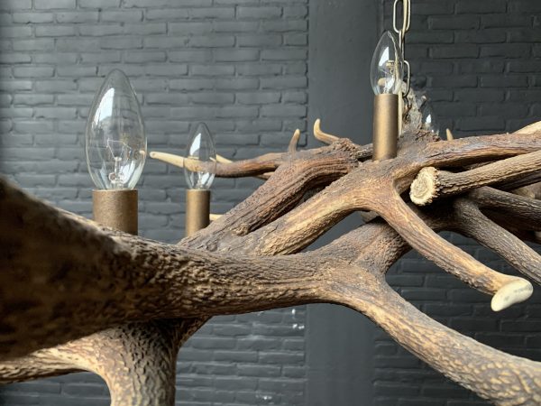 Elongated antler lamp made of red deer antlers