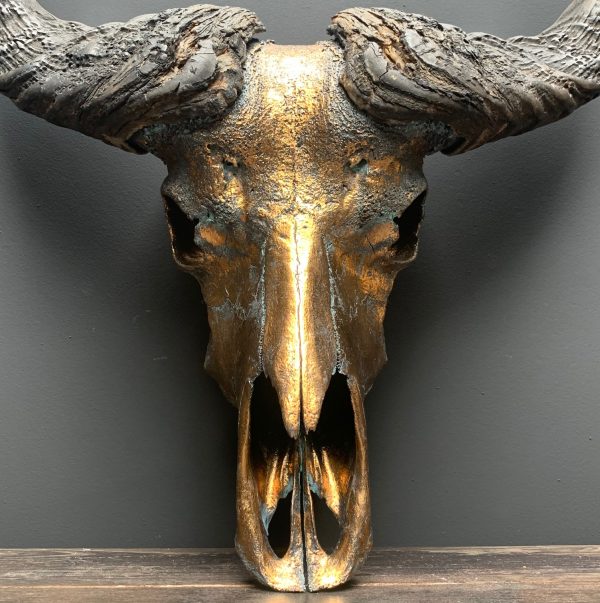 Bijzondere hoogwaardige gemetalliseerde (brons) schedel van een Kaffer buffel