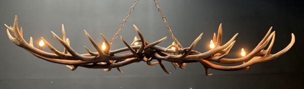 Oblong hanging lamp made of red deer antlers