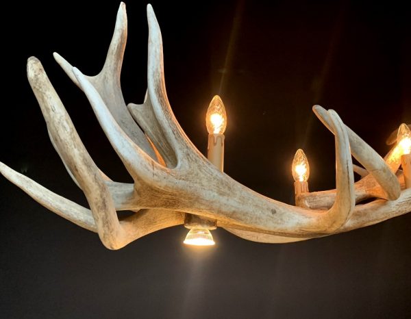 Heavy antler chandelier  with 6-lights and 2 spots.