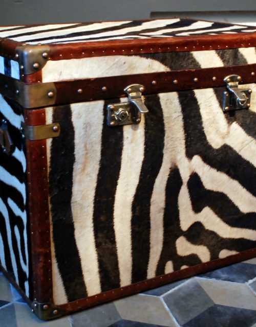 Grote handgemaakte kist bekleed met zebrahuid