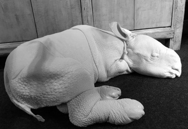 Lifelike replica of a rhinoceros calf