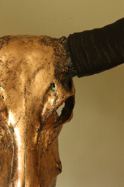 Special high-grade metallized (pink gold) skull of a water buffalo