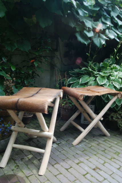 Stools made of wood and goat skin