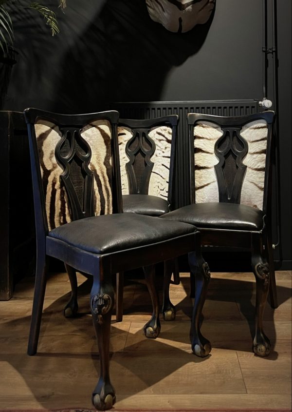 3 antieke stoelen bekleed met zebrahuid