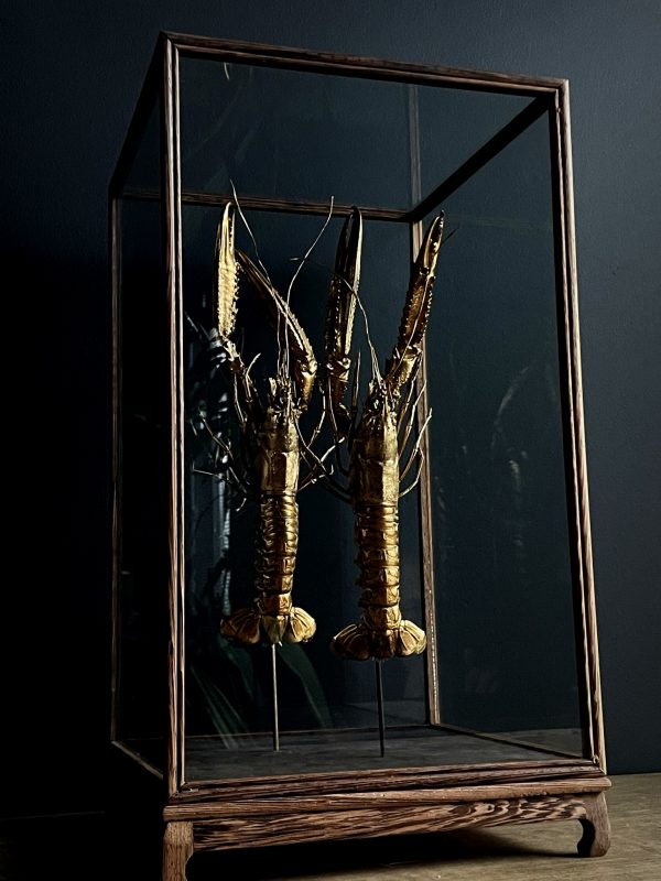 Houten stolp met opgezette gouden langoustines