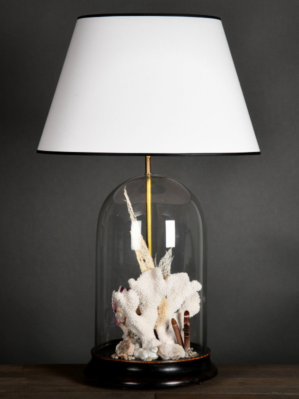 Lamp in glazen stolp met schelpen