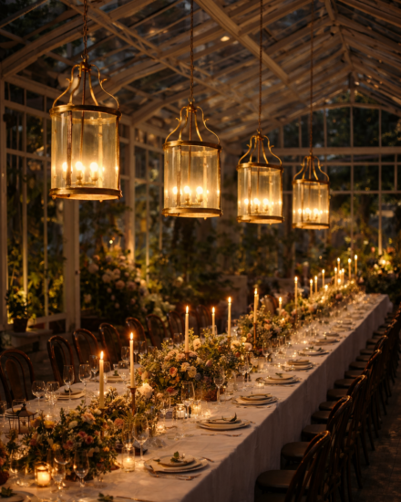 koperen hanglampen in feestelijke ruimte koperen hanglampen in feestelijke ruimte